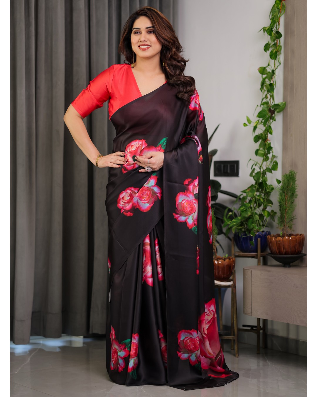 Satin Georgette Floral Printed Saree with Attached BP (Pack of 1)