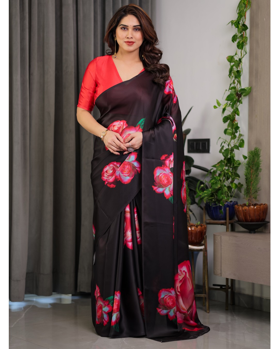 Satin Georgette Floral Printed Saree with Attached BP (Pack of 1)
