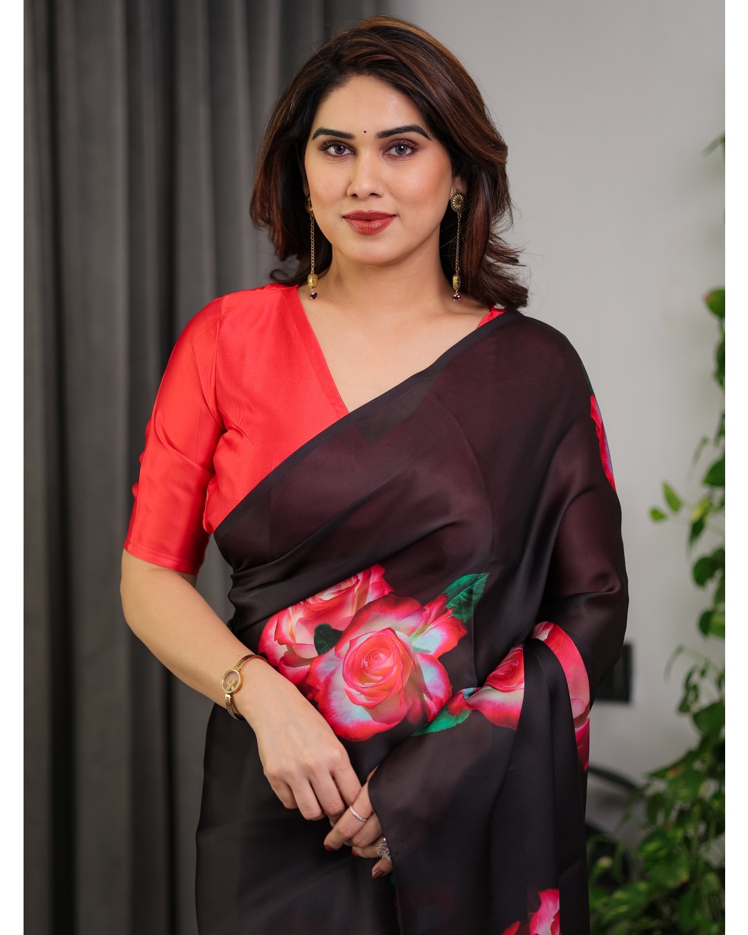 Satin Georgette Floral Printed Saree with Attached BP (Pack of 1)