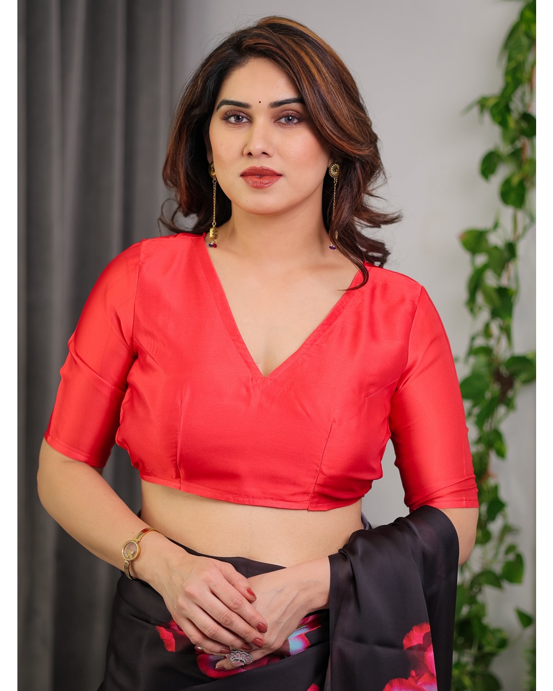 Satin Georgette Floral Printed Saree with Attached BP (Pack of 1)