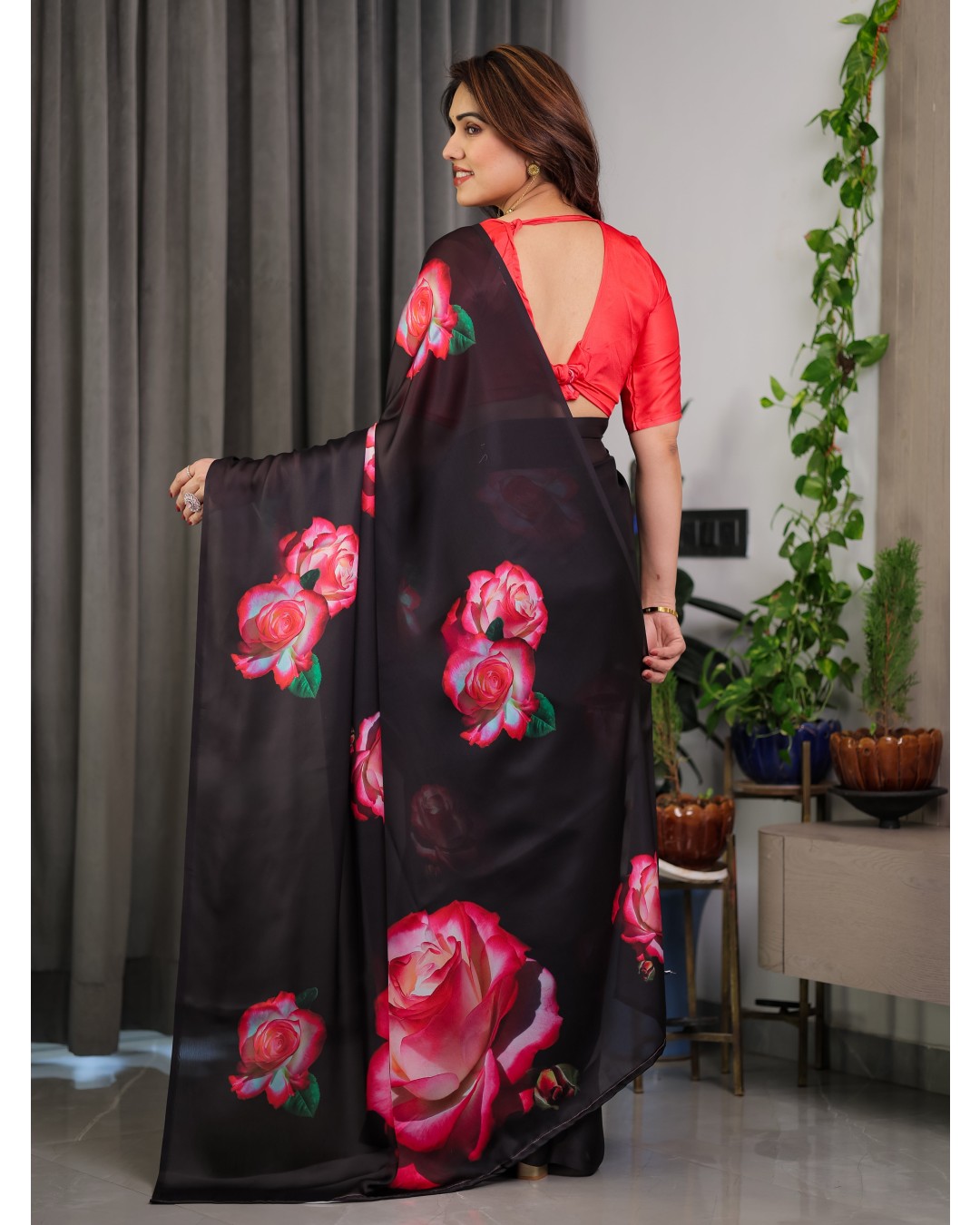 Satin Georgette Floral Printed Saree with Attached BP (Pack of 1)