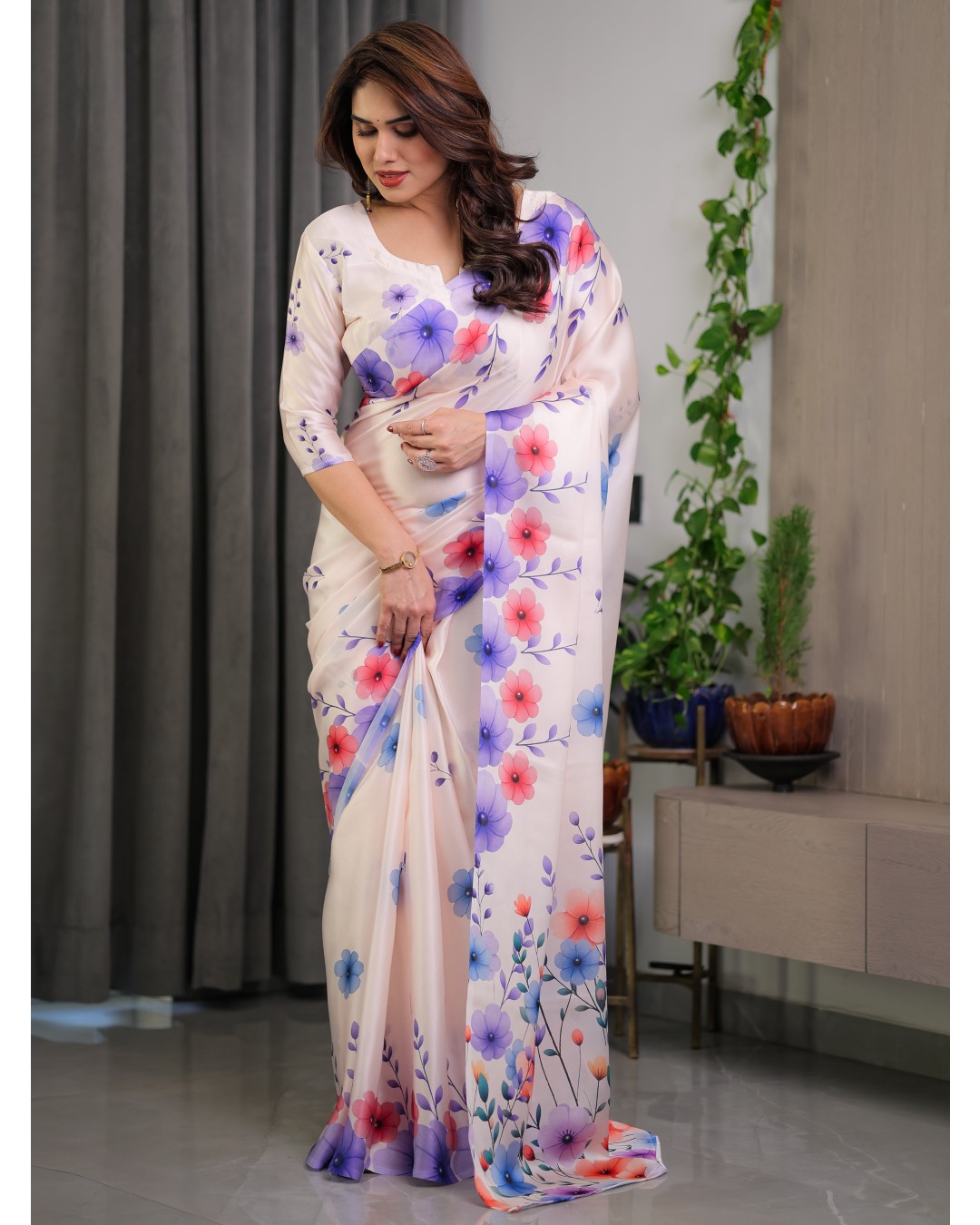 Satin Georgette Floral Printed Saree with Attached BP (Pack of 1)