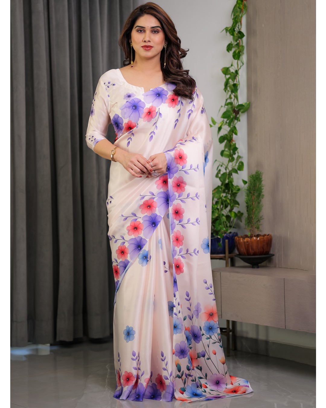 Satin Georgette Floral Printed Saree with Attached BP (Pack of 1)