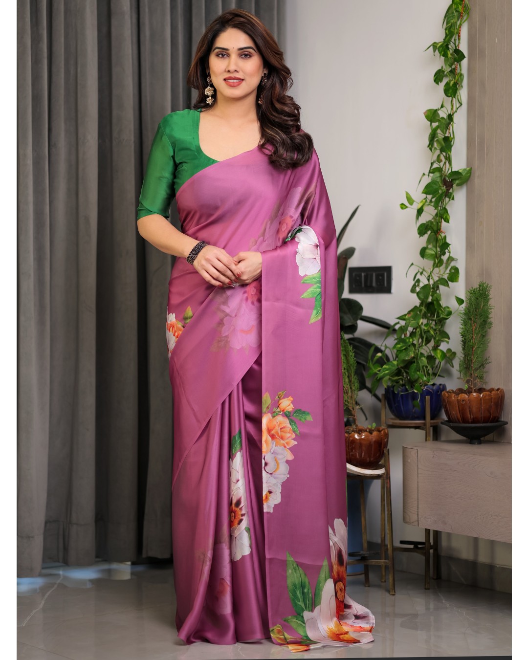 Satin Georgette Floral Printed Saree with Attached BP (Pack of 1)