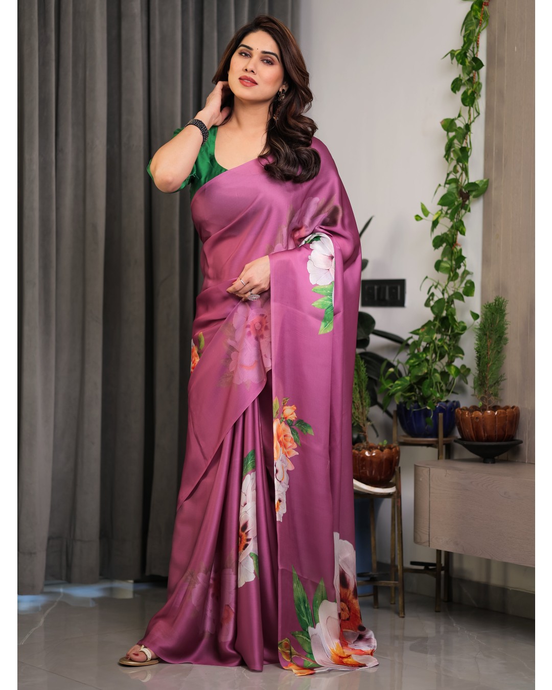 Satin Georgette Floral Printed Saree with Attached BP (Pack of 1)
