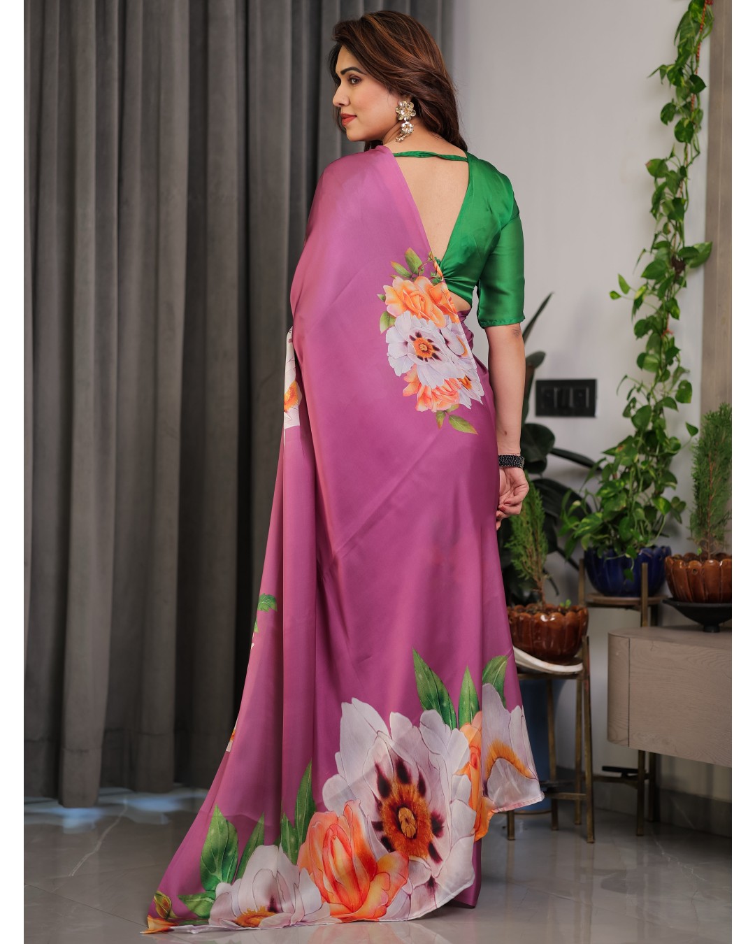 Satin Georgette Floral Printed Saree with Attached BP (Pack of 1)
