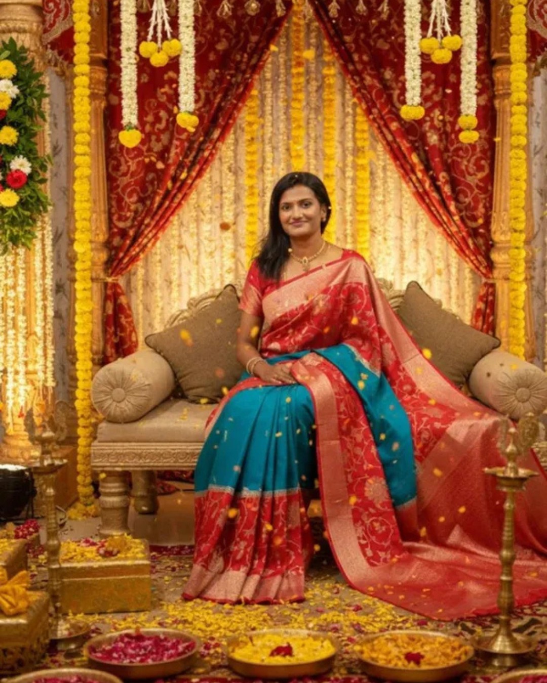 Traditional Red and Teal Blue Silk Saree with Rich Golden Zari Border – Wedding & Festive Wear Saree for Women(Pack of 1)