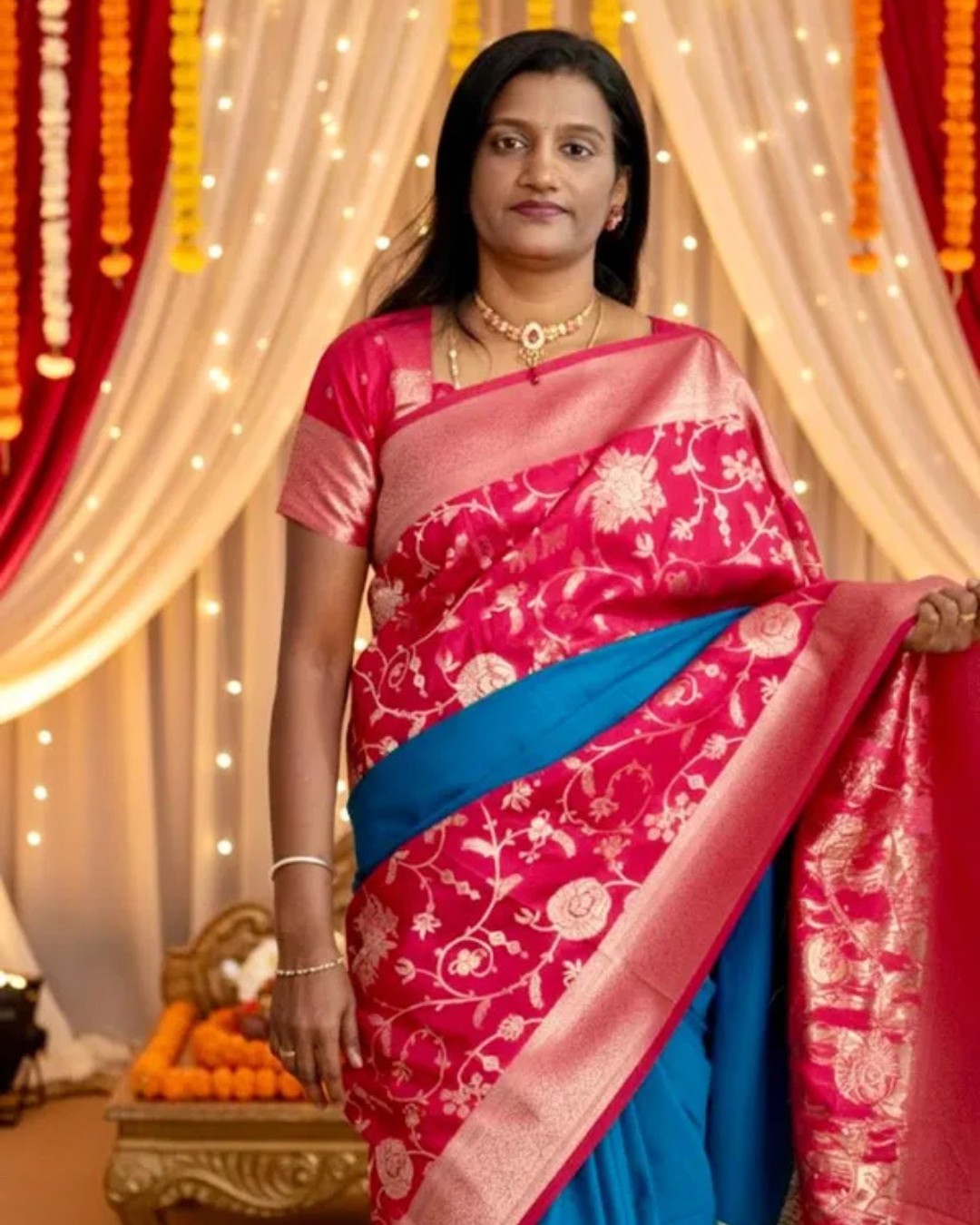 Traditional Red and Teal Blue Silk Saree with Rich Golden Zari Border – Wedding & Festive Wear Saree for Women(Pack of 1)