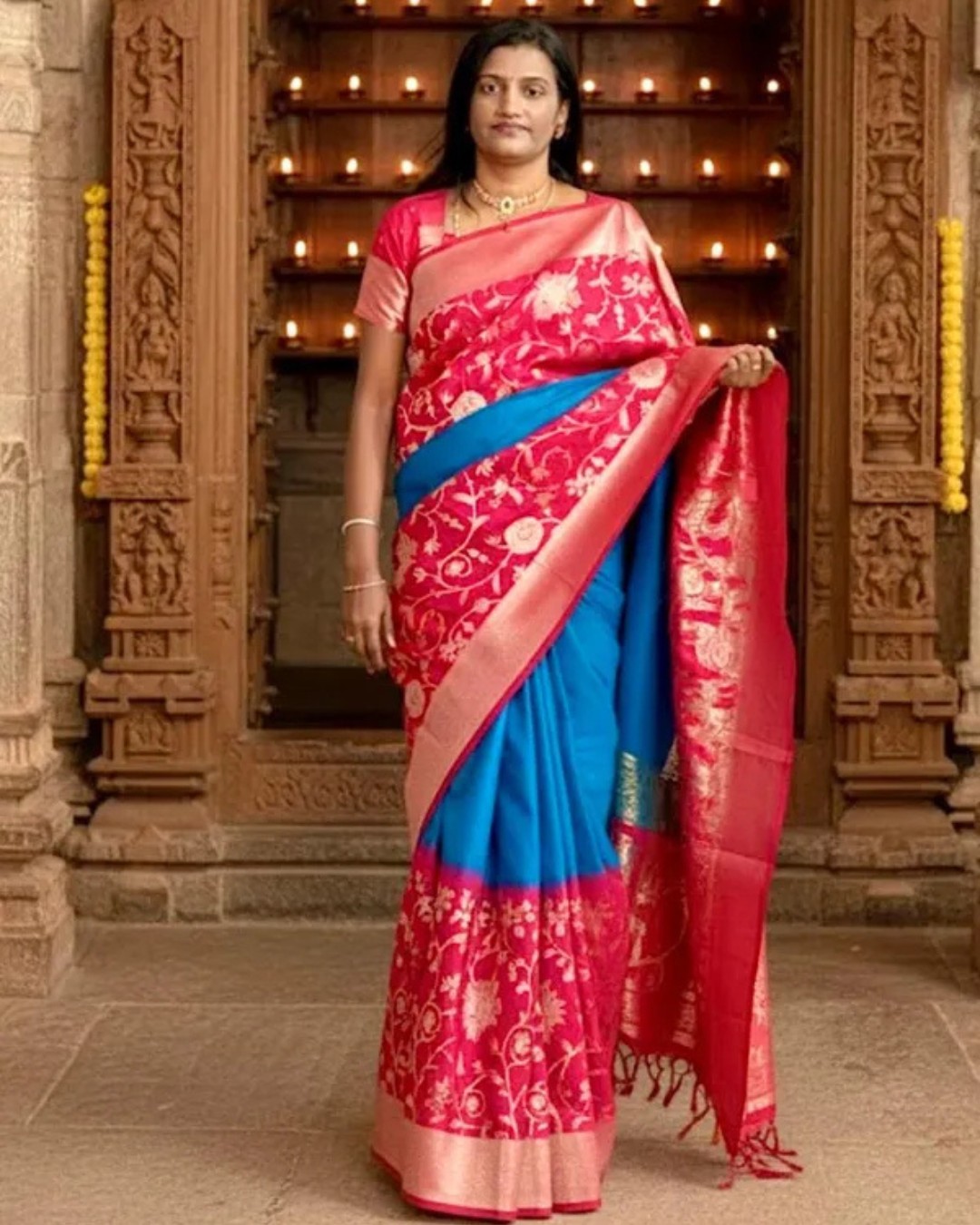 Traditional Red and Teal Blue Silk Saree with Rich Golden Zari Border – Wedding & Festive Wear Saree for Women(Pack of 1)