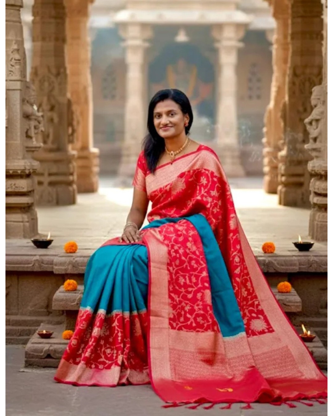 Traditional Red and Teal Blue Silk Saree with Rich Golden Zari Border – Wedding & Festive Wear Saree for Women(Pack of 1)