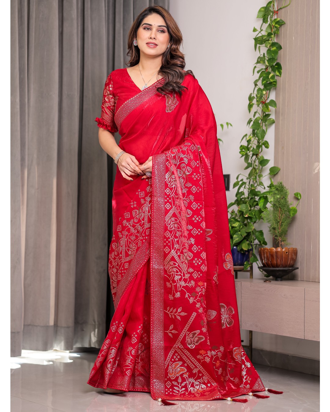 Women's Premium Fendi Satin Block & Foil Print Saree with Attached BP (Pack of 1)