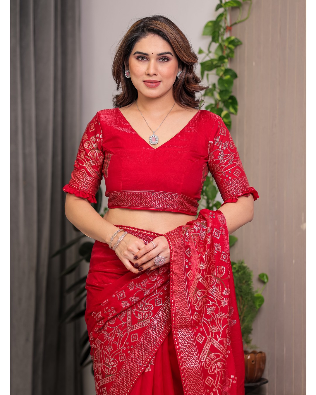 Women's Premium Fendi Satin Block & Foil Print Saree with Attached BP (Pack of 1)