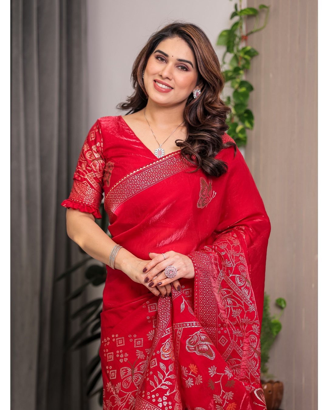 Women's Premium Fendi Satin Block & Foil Print Saree with Attached BP (Pack of 1)