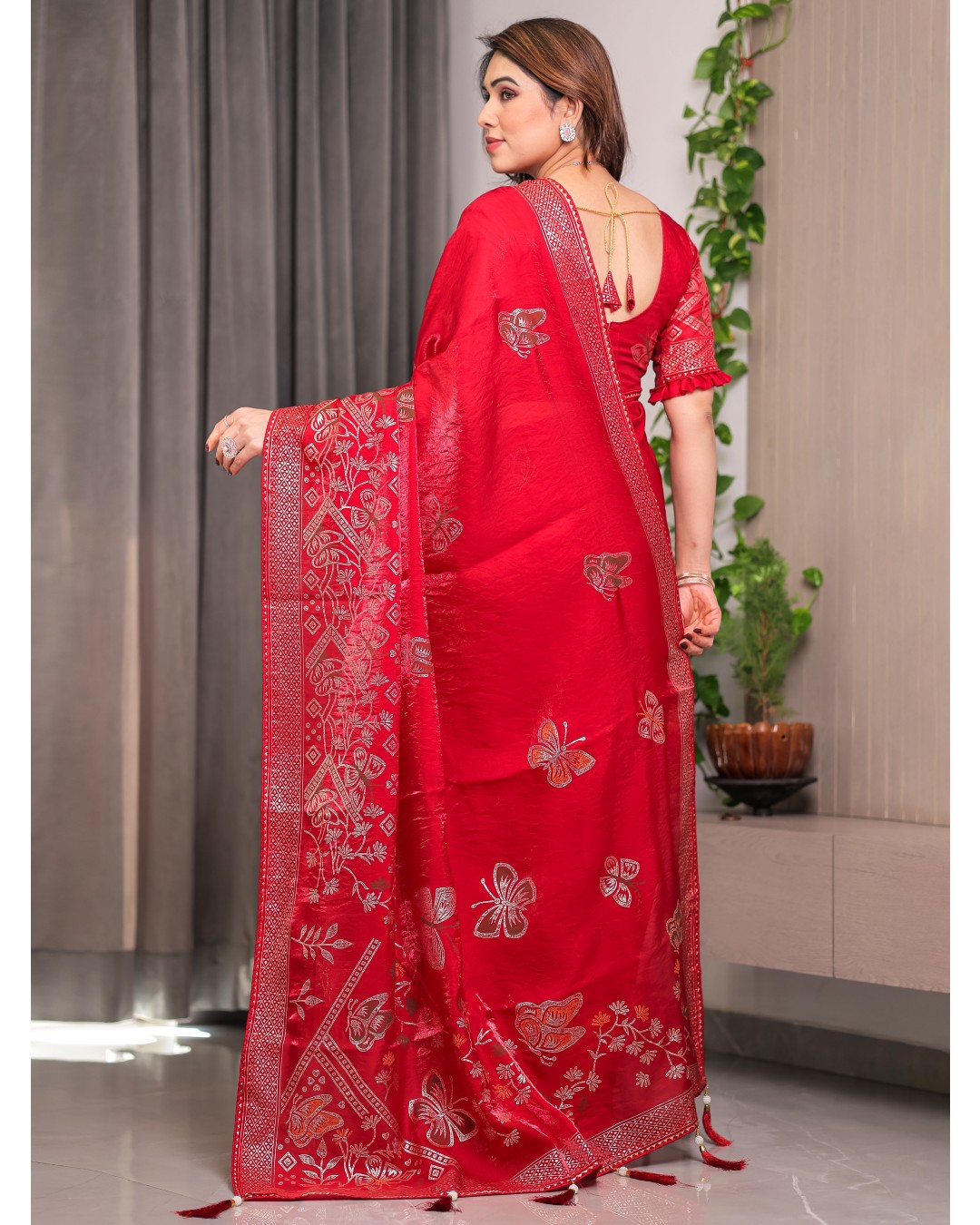 Women's Premium Fendi Satin Block & Foil Print Saree with Attached BP (Pack of 1)