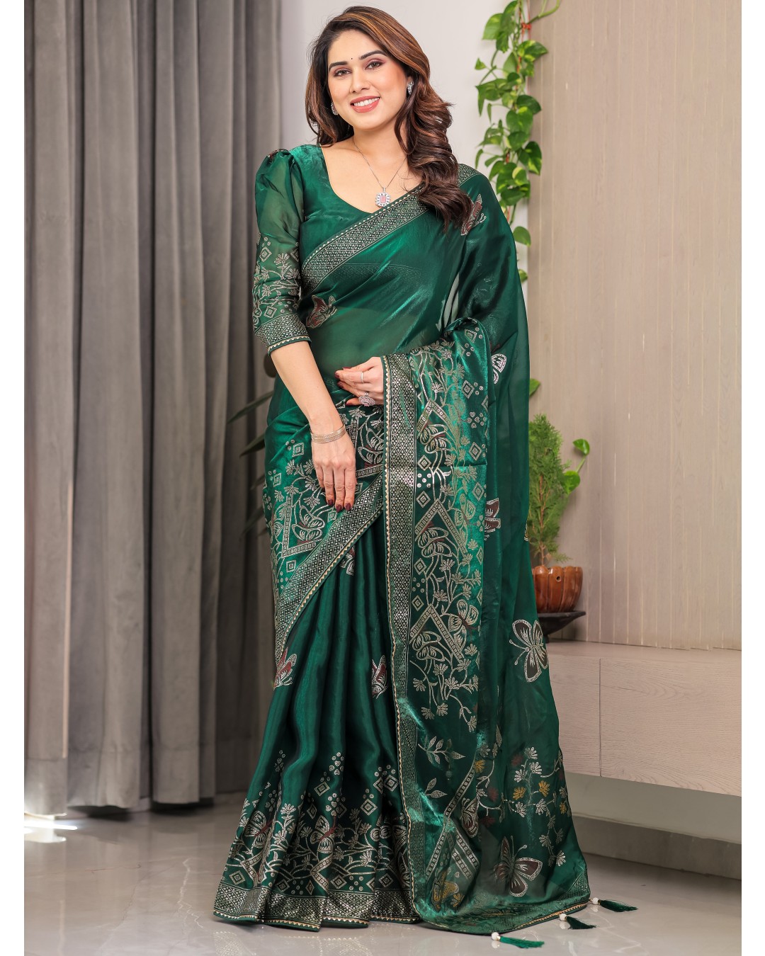 Women's Premium Fendi Satin Block & Foil Print Saree with Attached BP (Pack of 1)