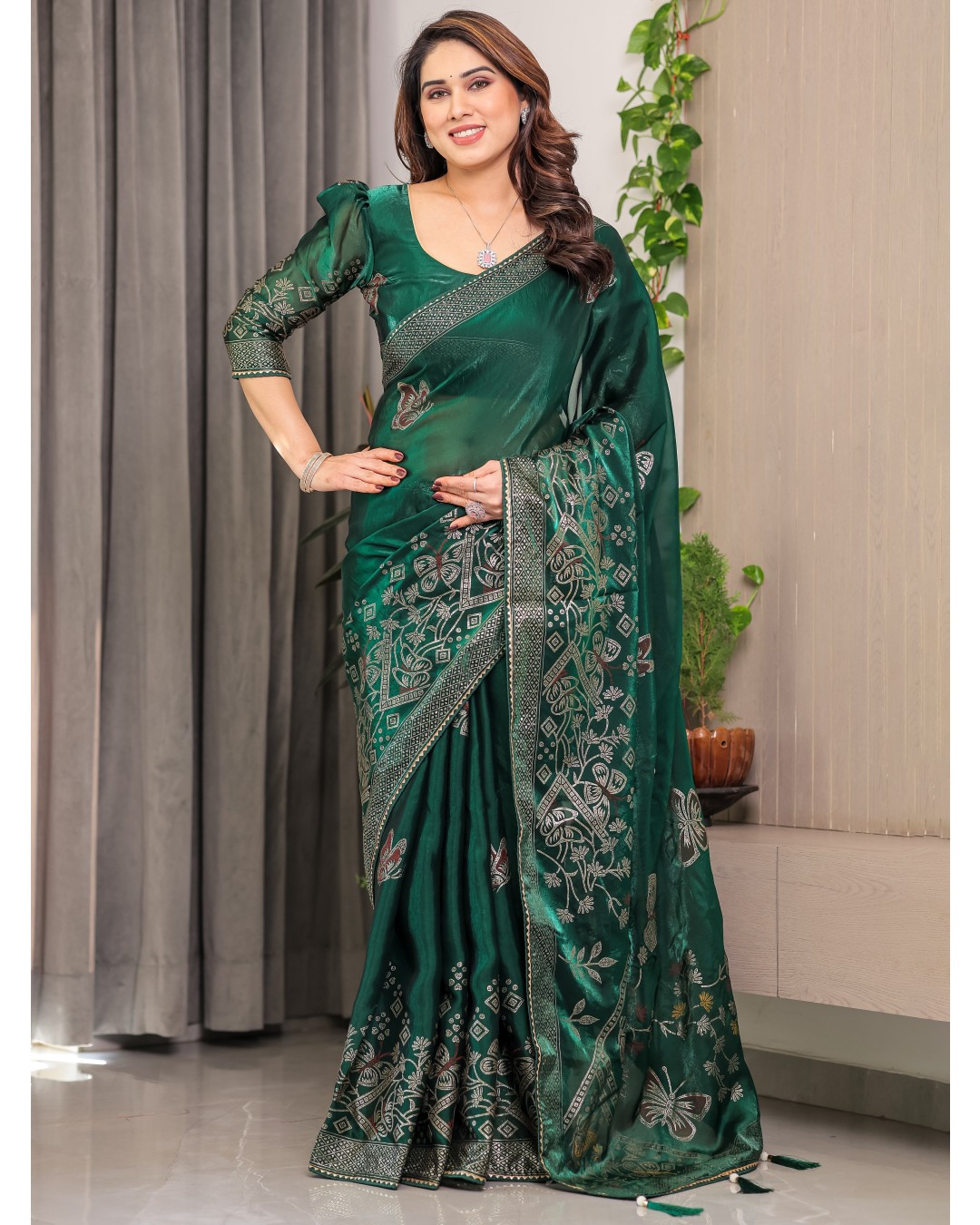 Women's Premium Fendi Satin Block & Foil Print Saree with Attached BP (Pack of 1)