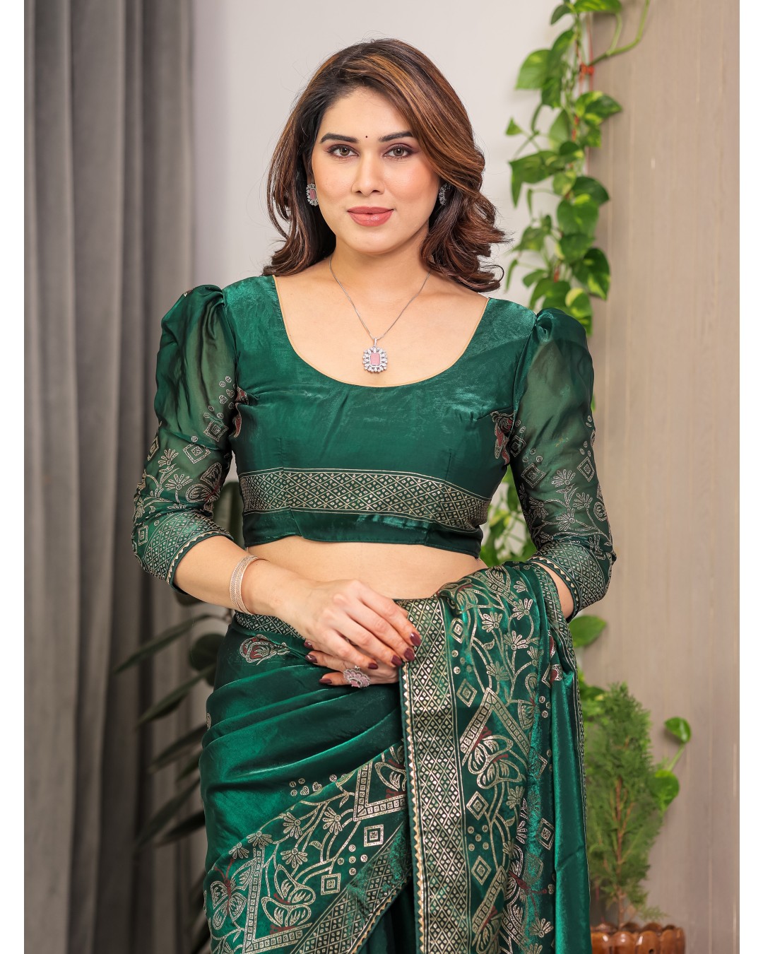 Women's Premium Fendi Satin Block & Foil Print Saree with Attached BP (Pack of 1)