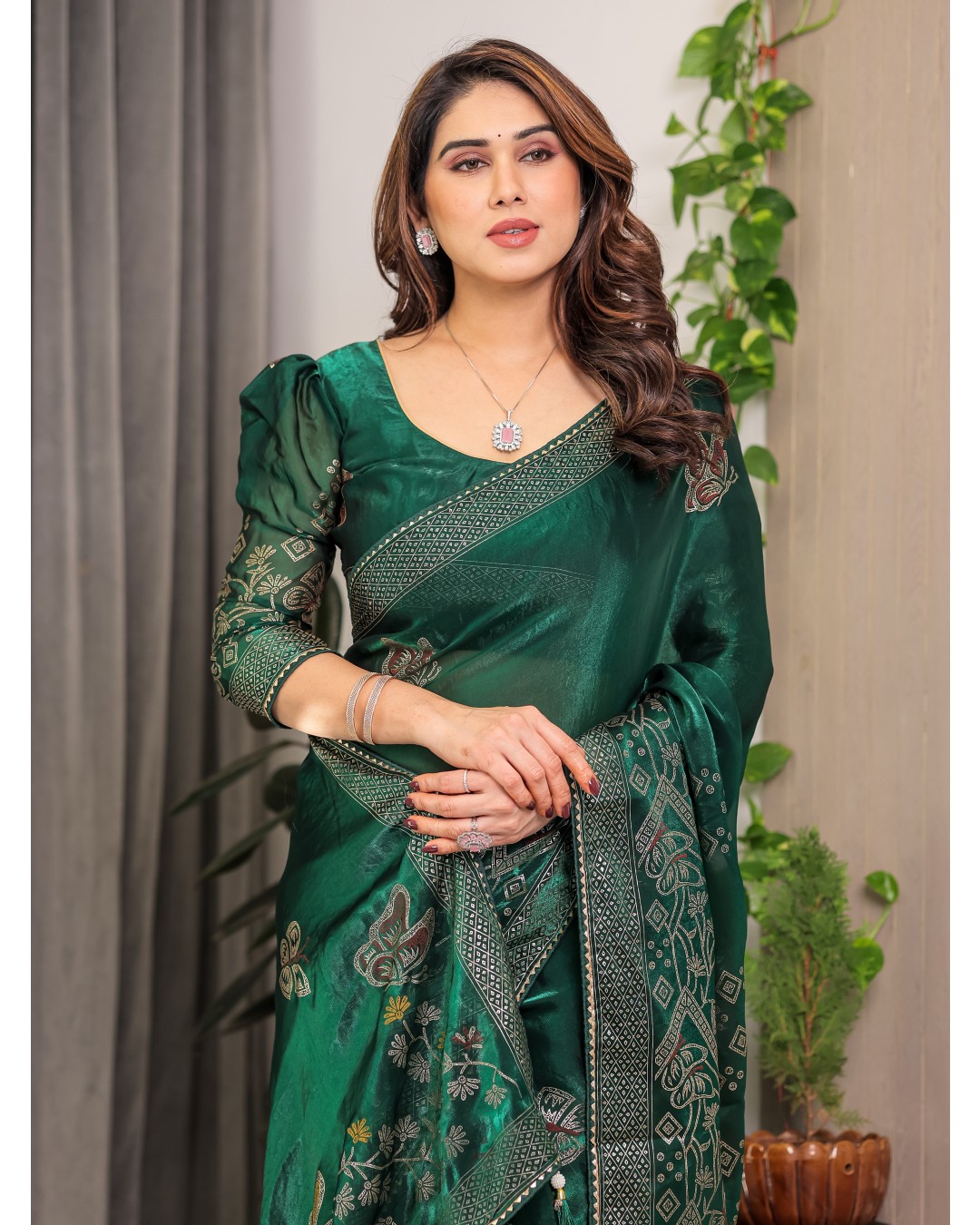 Women's Premium Fendi Satin Block & Foil Print Saree with Attached BP (Pack of 1)