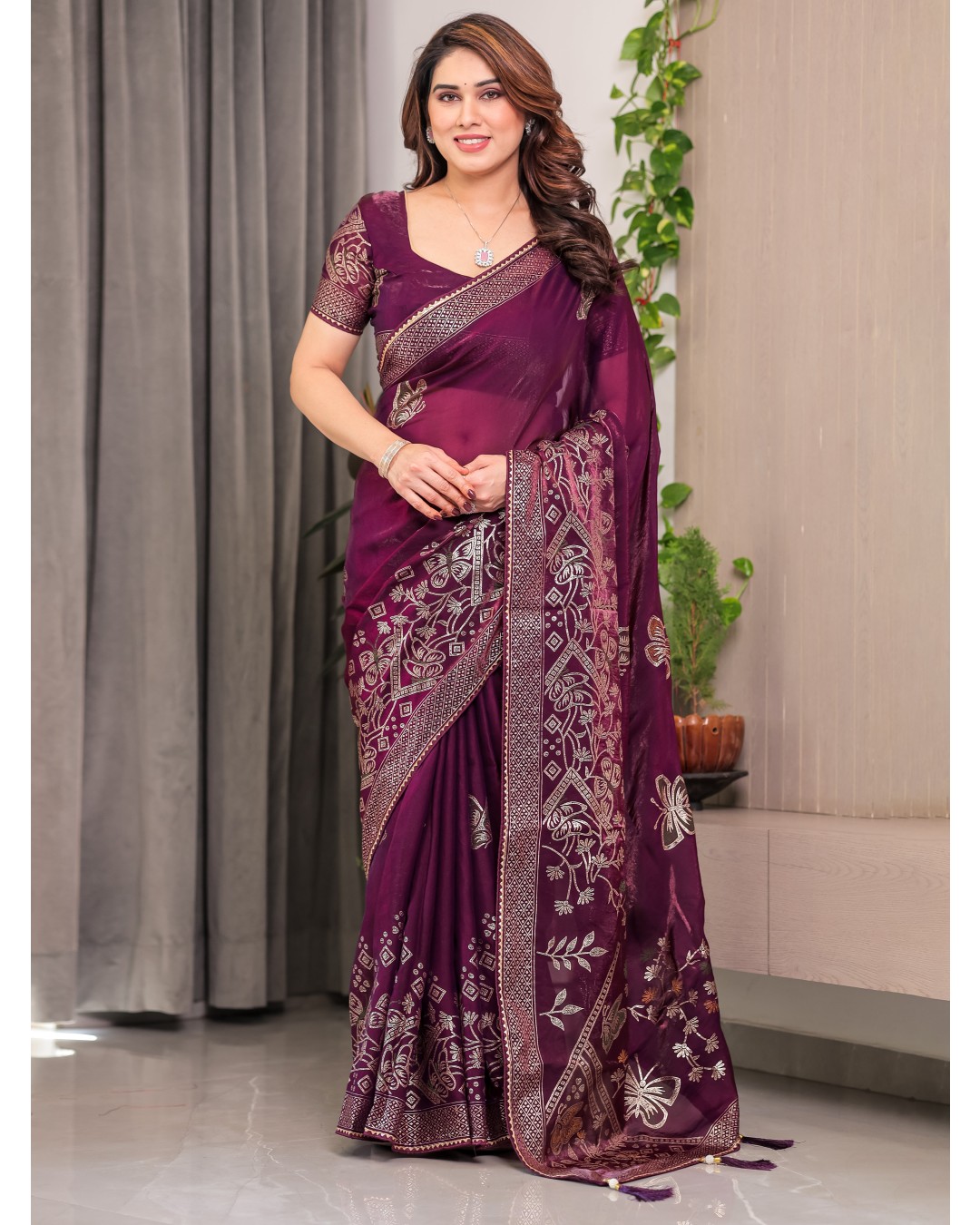 Women's Premium Fendi Satin Block & Foil Print Saree with Attached BP (Pack of 1)