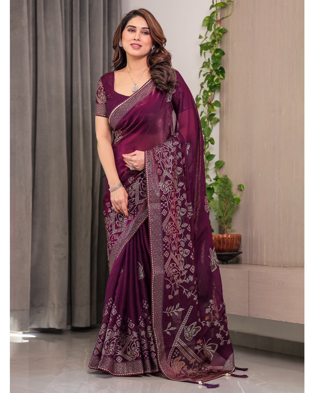 Women's Premium Fendi Satin Block & Foil Print Saree with Attached BP (Pack of 1)