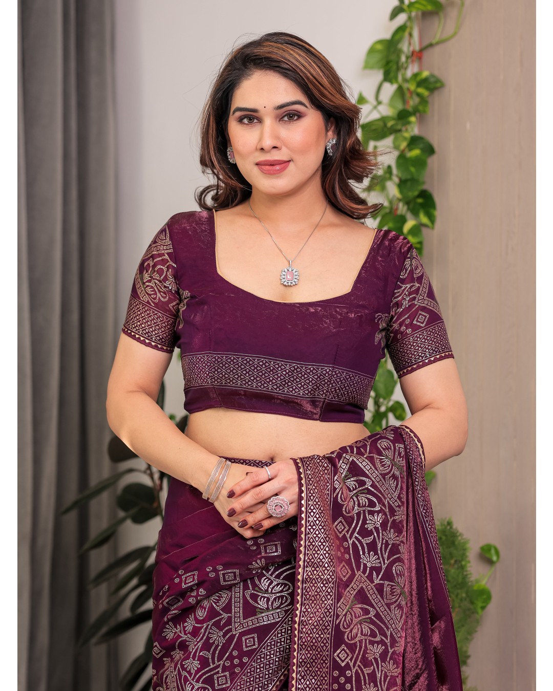 Women's Premium Fendi Satin Block & Foil Print Saree with Attached BP (Pack of 1)