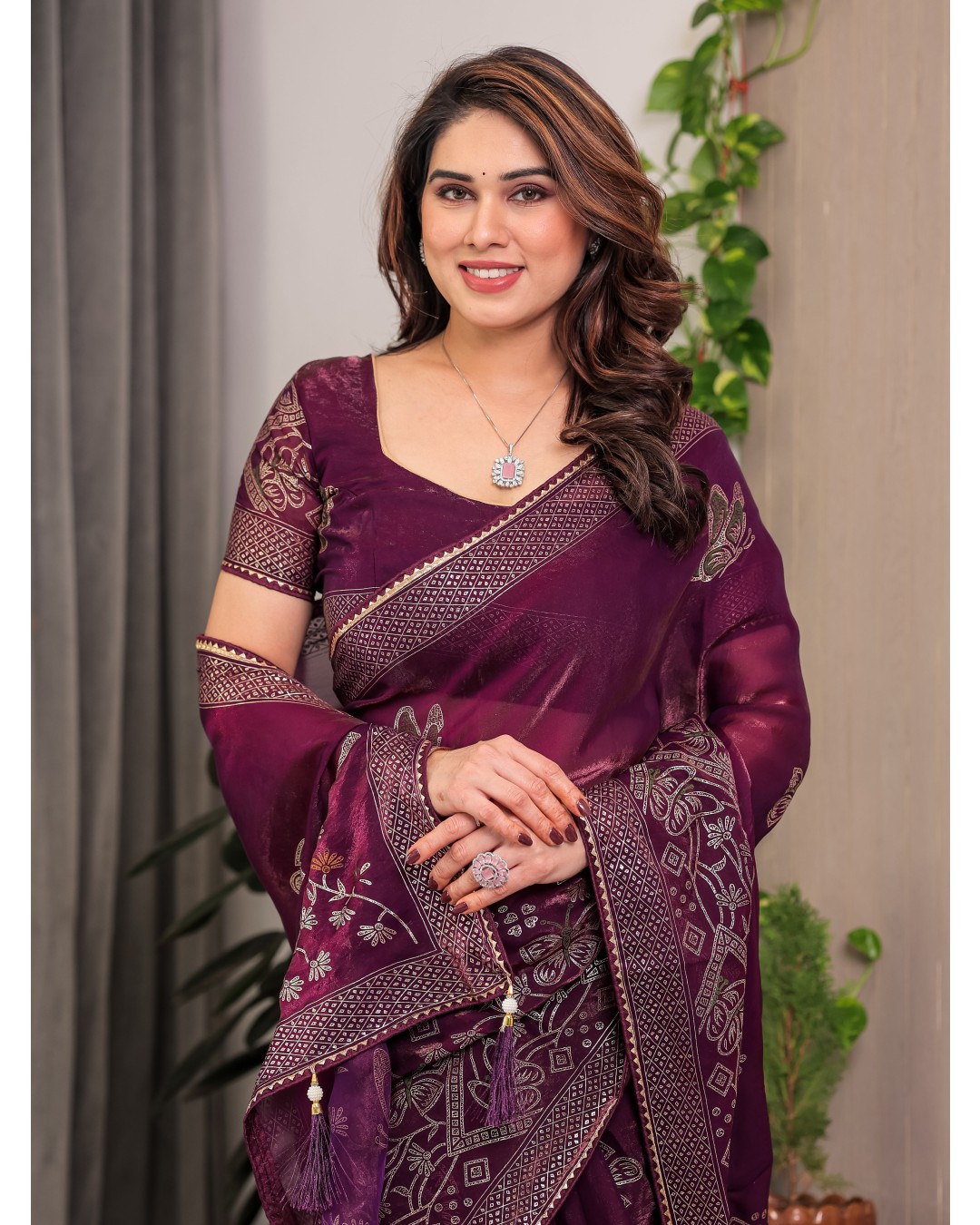 Women's Premium Fendi Satin Block & Foil Print Saree with Attached BP (Pack of 1)