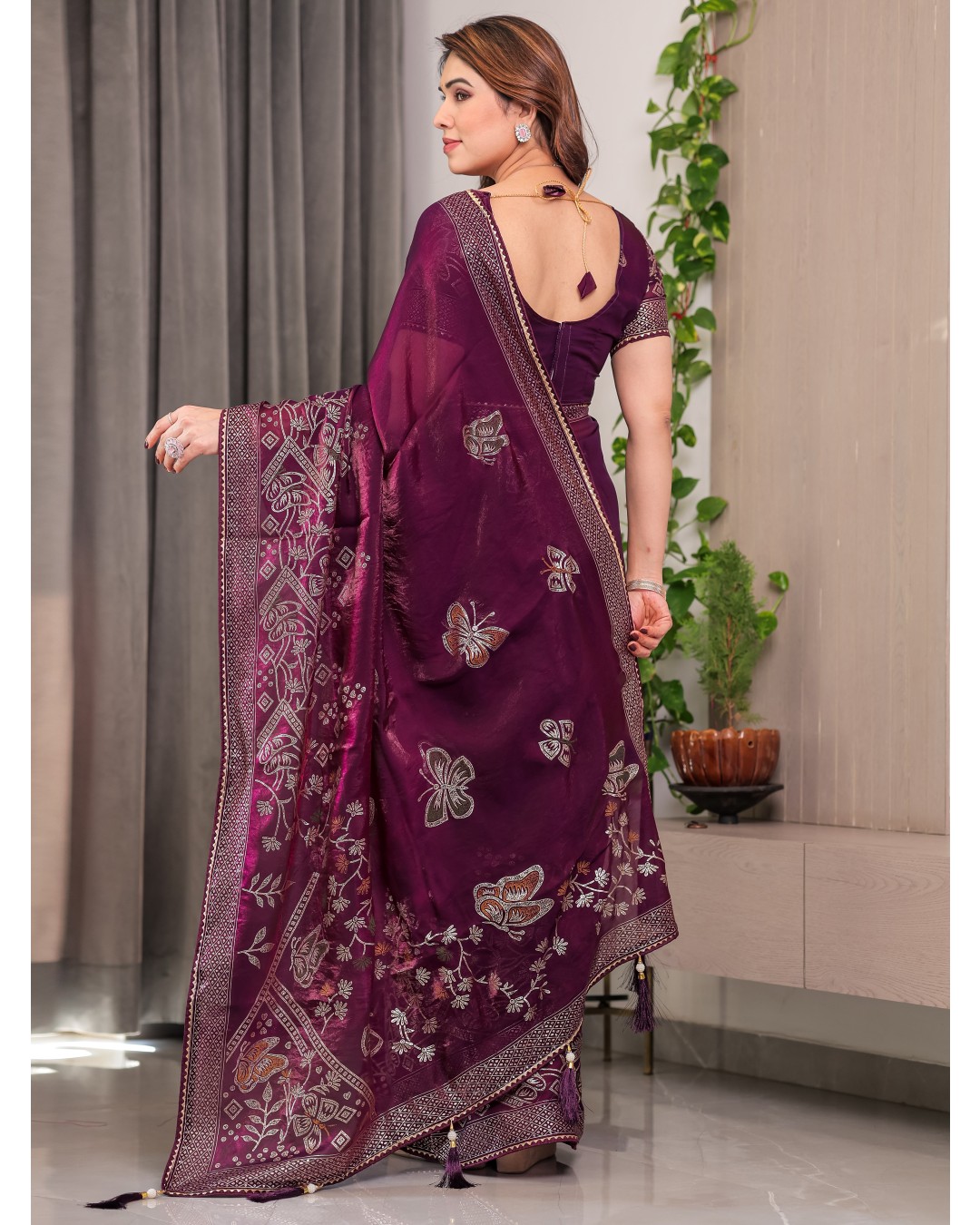 Women's Premium Fendi Satin Block & Foil Print Saree with Attached BP (Pack of 1)