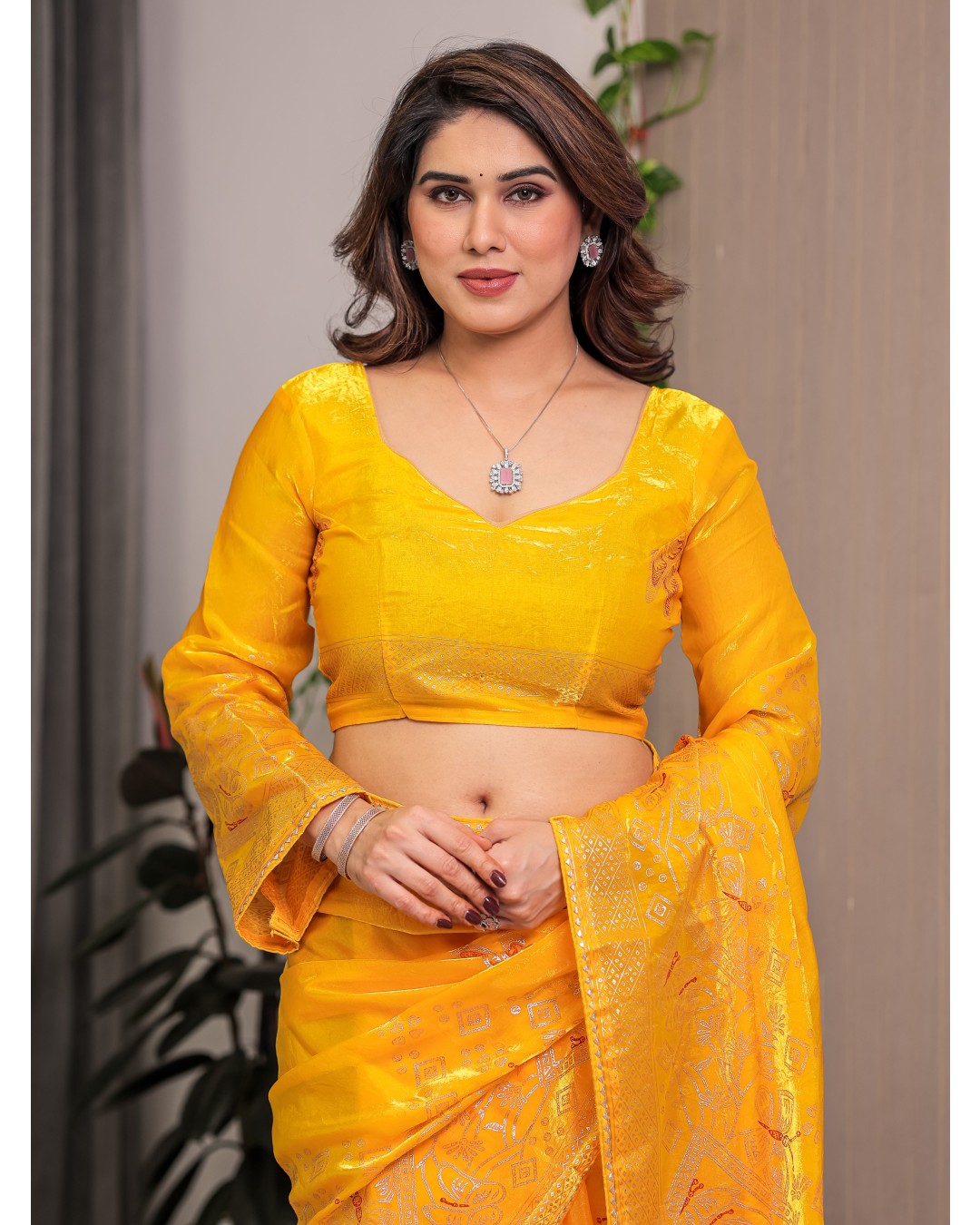 Women's Premium Fendi Satin Block & Foil Print Saree with Attached BP (Pack of 1)