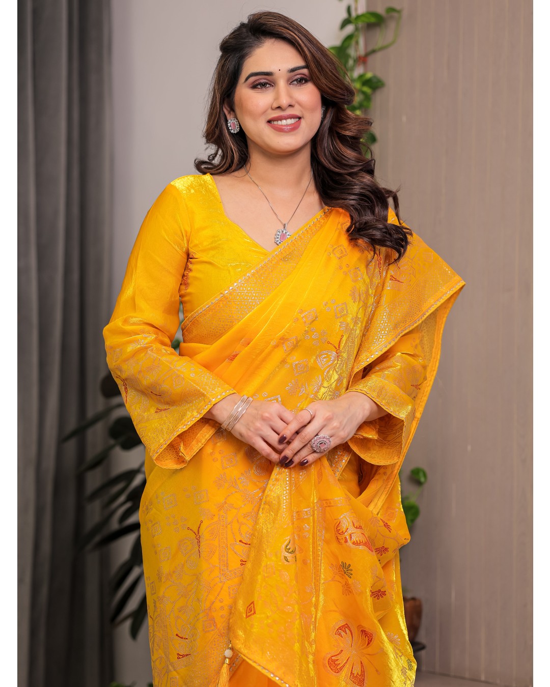 Women's Premium Fendi Satin Block & Foil Print Saree with Attached BP (Pack of 1)