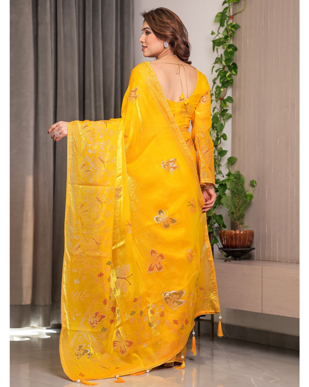 Women's Premium Fendi Satin Block & Foil Print Saree with Attached BP (Pack of 1)