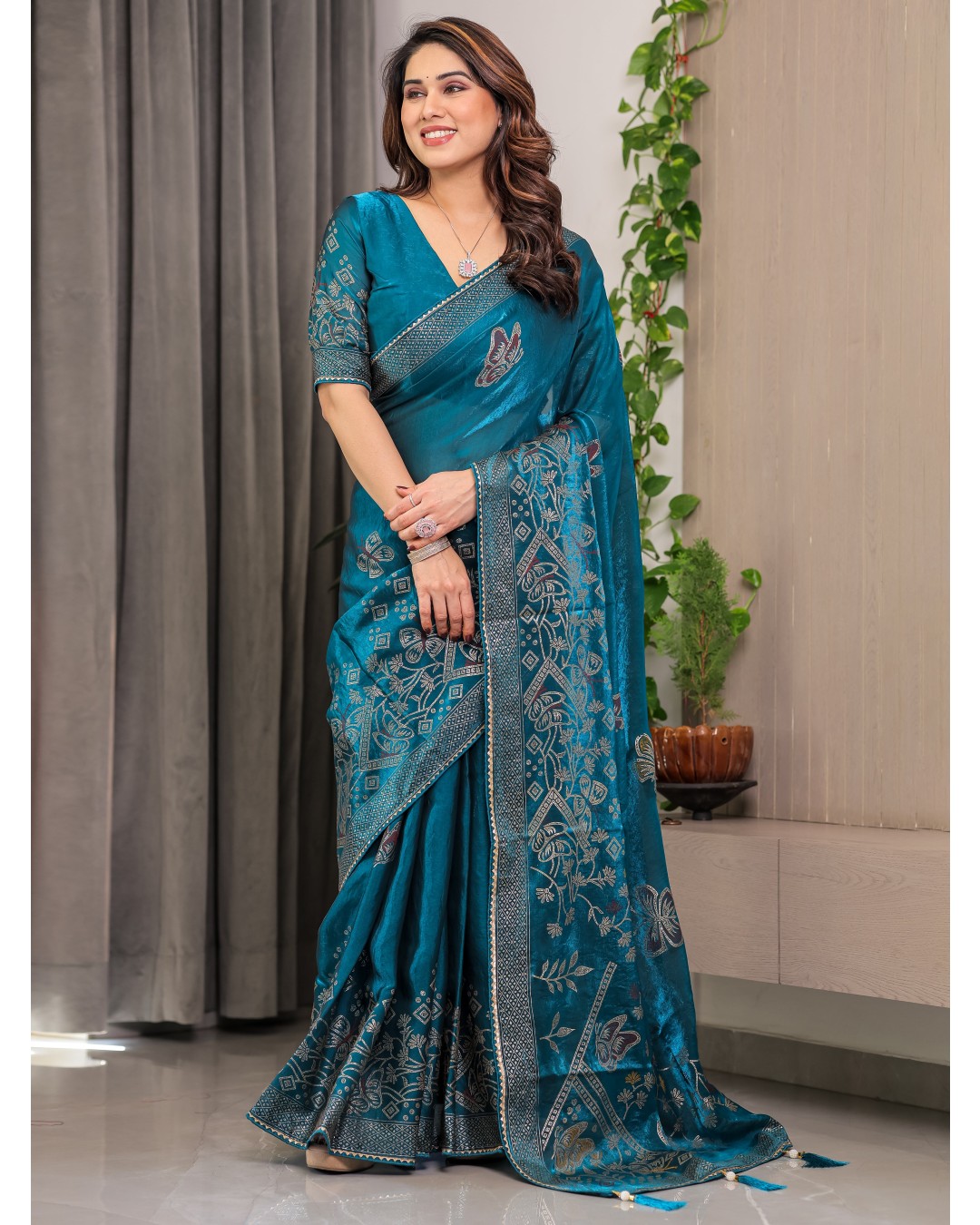 Women's Premium Fendi Satin Block & Foil Print Saree with Attached BP (Pack of 1)