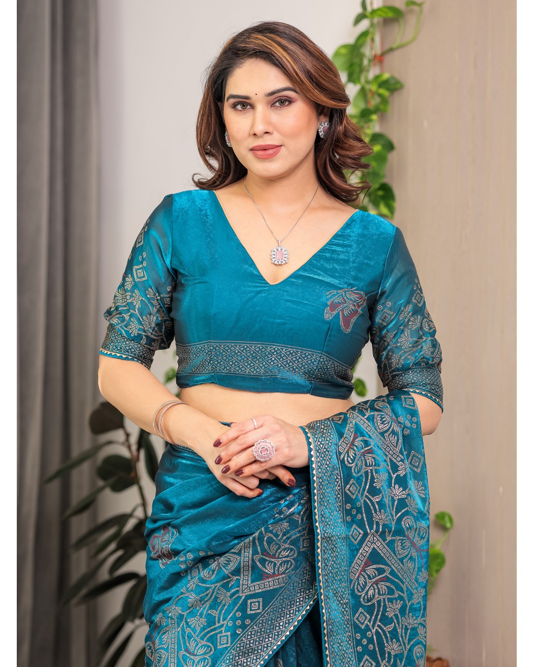 Women's Premium Fendi Satin Block & Foil Print Saree with Attached BP (Pack of 1)