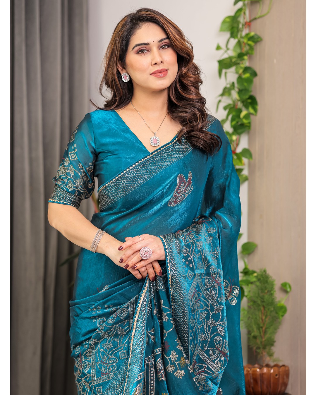 Women's Premium Fendi Satin Block & Foil Print Saree with Attached BP (Pack of 1)