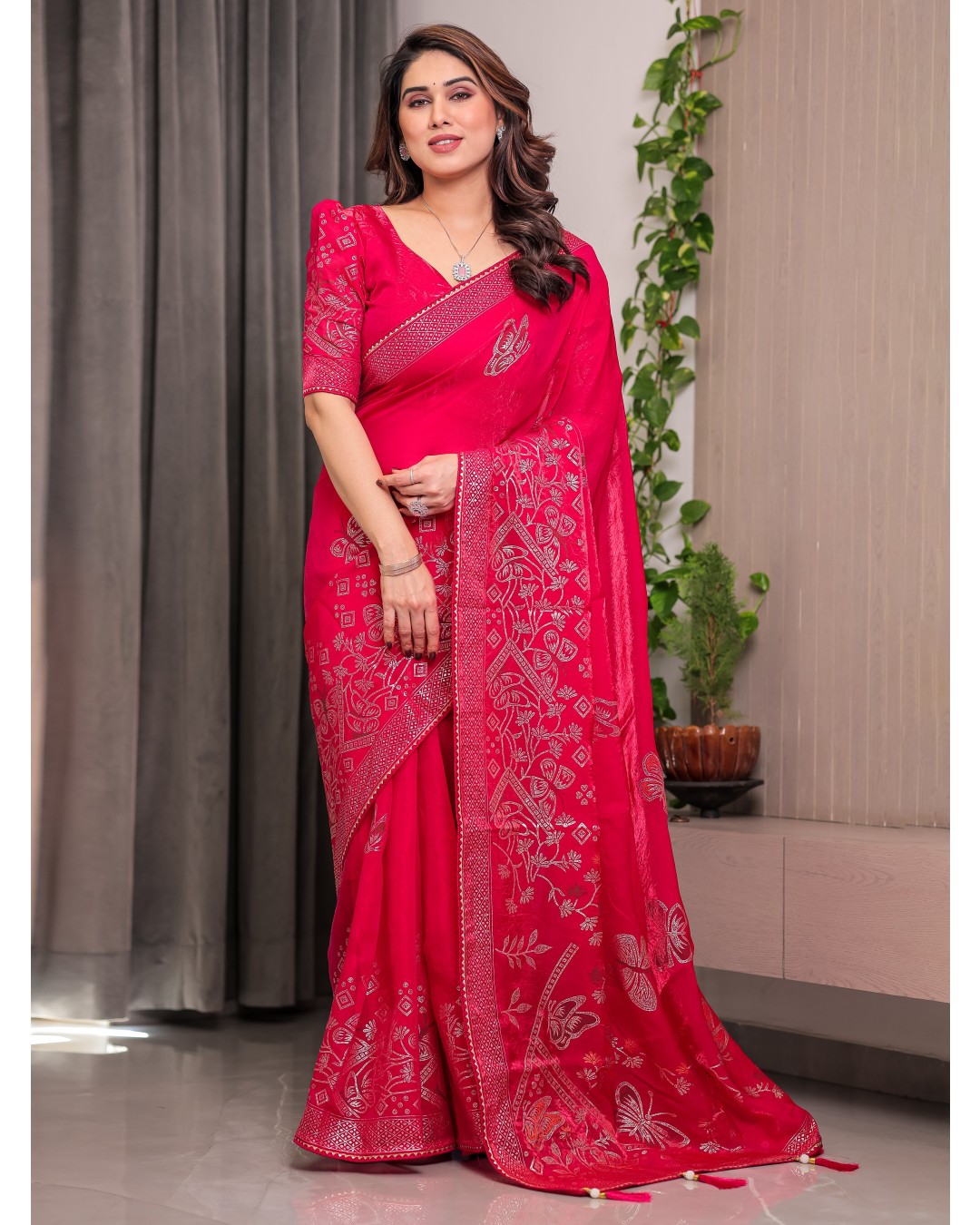 Women's Premium Fendi Satin Block & Foil Print Saree with Attached BP (Pack of 1)