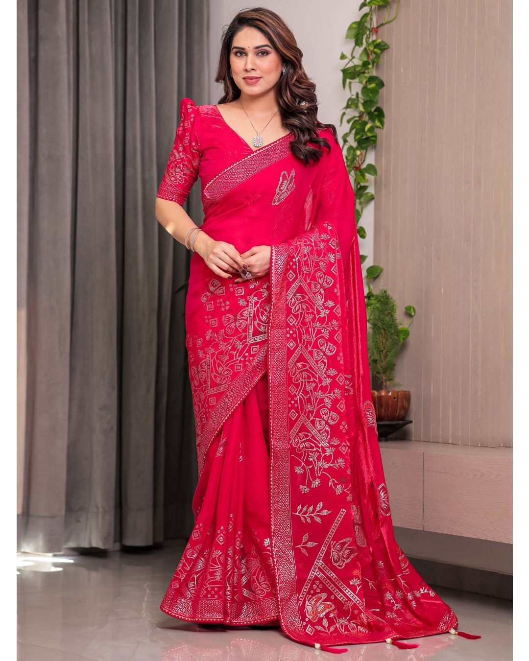 Women's Premium Fendi Satin Block & Foil Print Saree with Attached BP (Pack of 1)