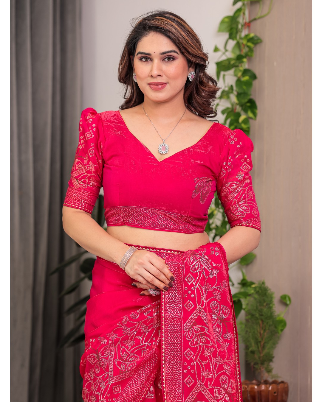 Women's Premium Fendi Satin Block & Foil Print Saree with Attached BP (Pack of 1)