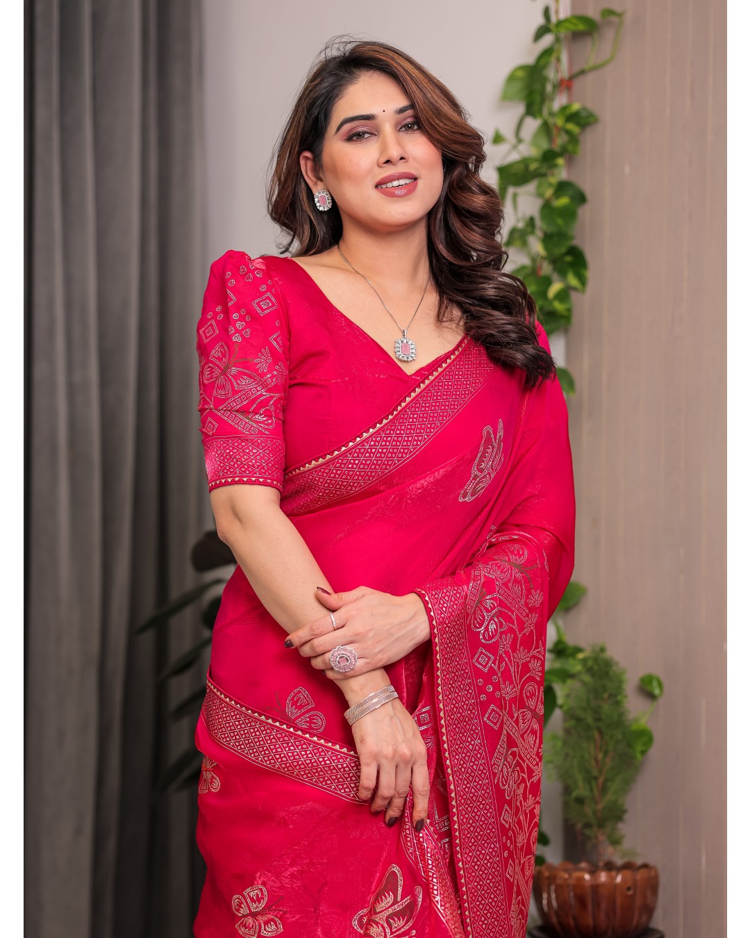 Women's Premium Fendi Satin Block & Foil Print Saree with Attached BP (Pack of 1)