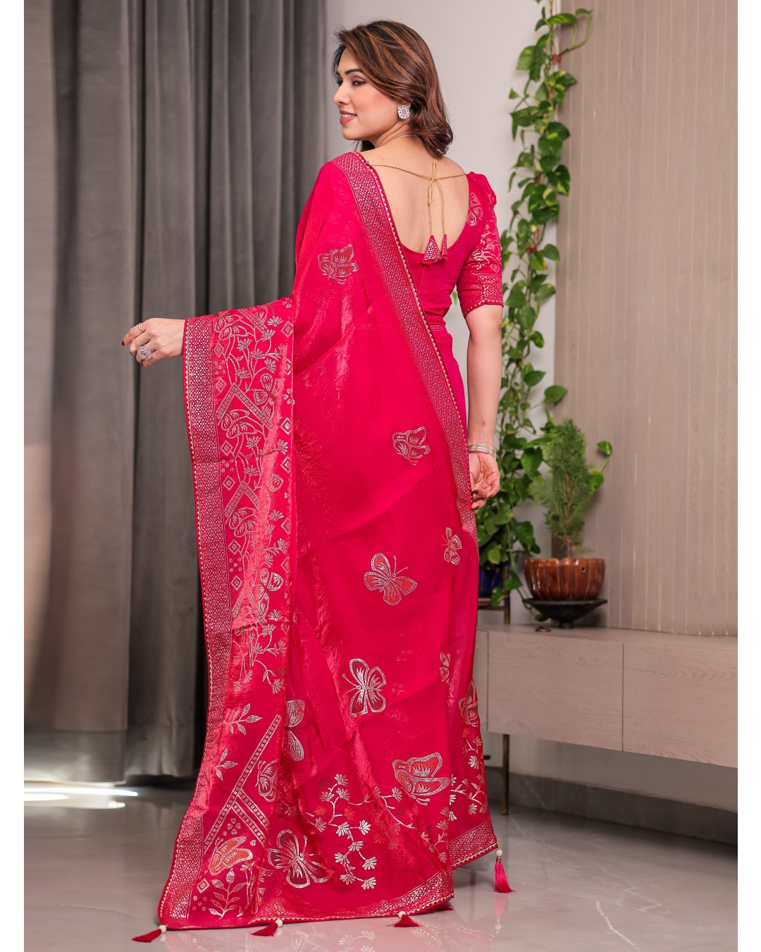 Women's Premium Fendi Satin Block & Foil Print Saree with Attached BP (Pack of 1)