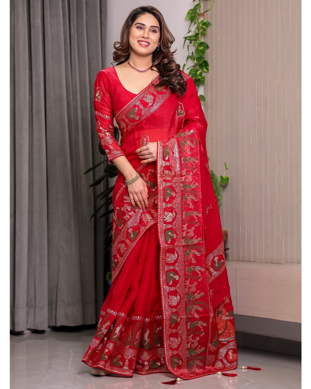 Fendy Satin Foil & Handblock Printed Saree with Triangle Lace Border and Tassels, Traditional Butti Motifs, 5.5m with 0.8m BP  (Pack of 1)