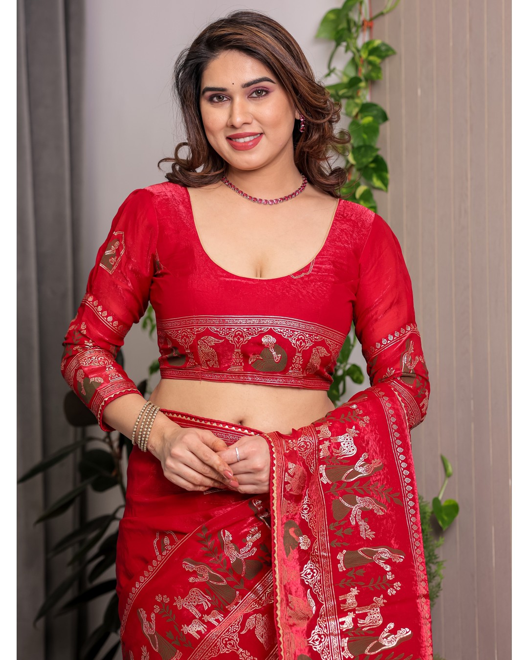 Fendy Satin Foil & Handblock Printed Saree with Triangle Lace Border and Tassels, Traditional Butti Motifs, 5.5m with 0.8m BP  (Pack of 1)