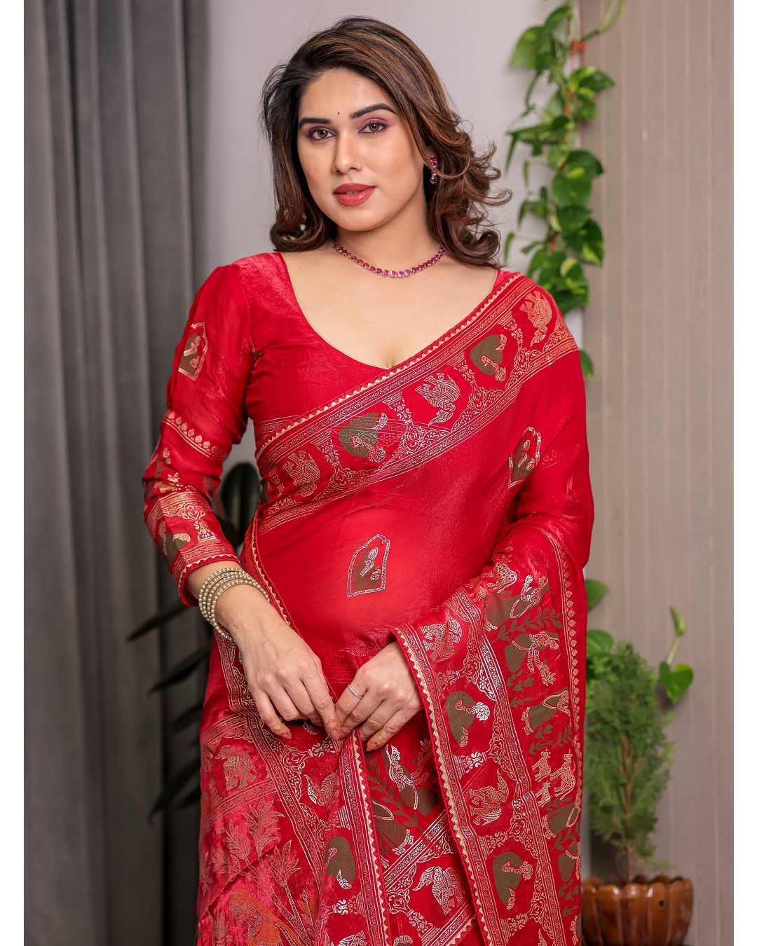 Fendy Satin Foil & Handblock Printed Saree with Triangle Lace Border and Tassels, Traditional Butti Motifs, 5.5m with 0.8m BP  (Pack of 1)