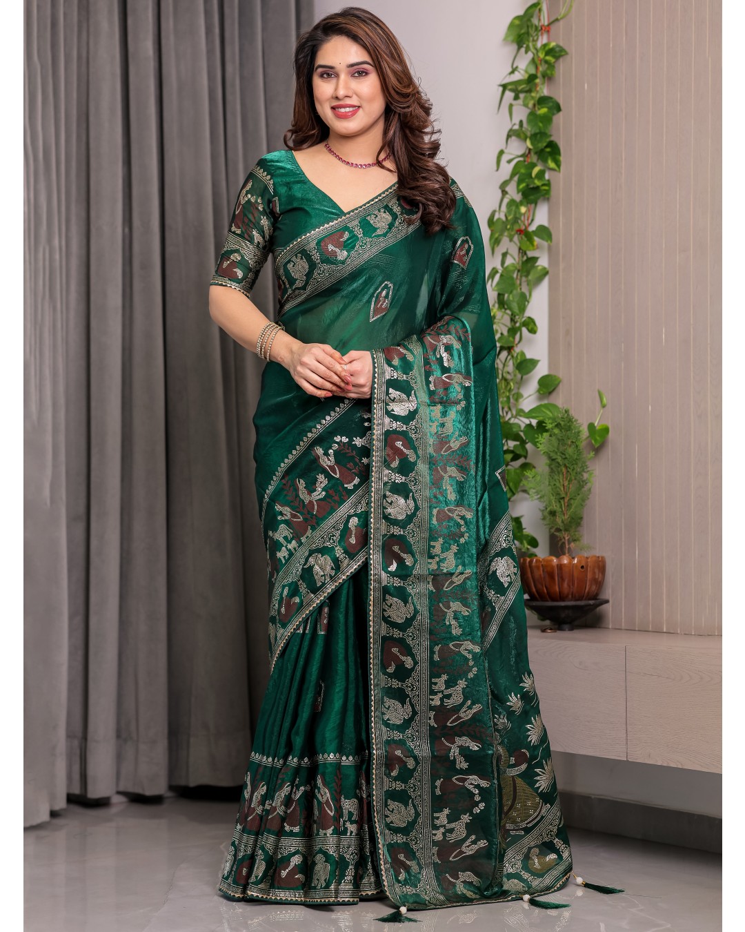 Fendy Satin Foil & Handblock Printed Saree with Triangle Lace Border and Tassels, Traditional Butti Motifs, 5.5m with 0.8m BP  (Pack of 1)