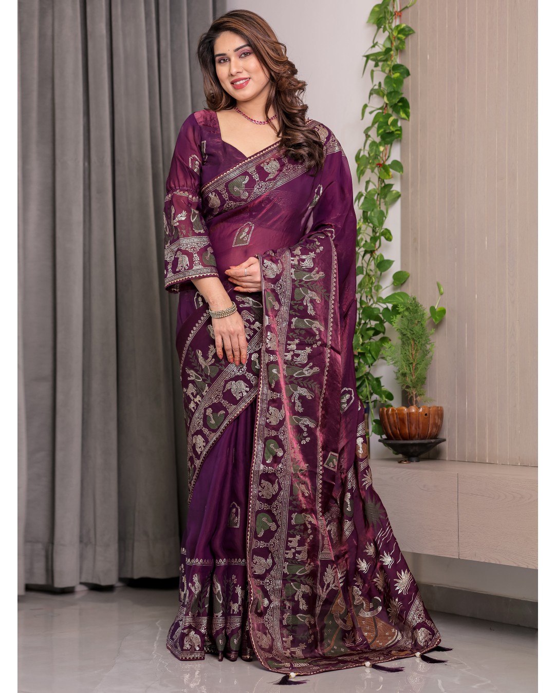 Fendy Satin Foil & Handblock Printed Saree with Triangle Lace Border and Tassels, Traditional Butti Motifs, 5.5m with 0.8m BP  (Pack of 1)