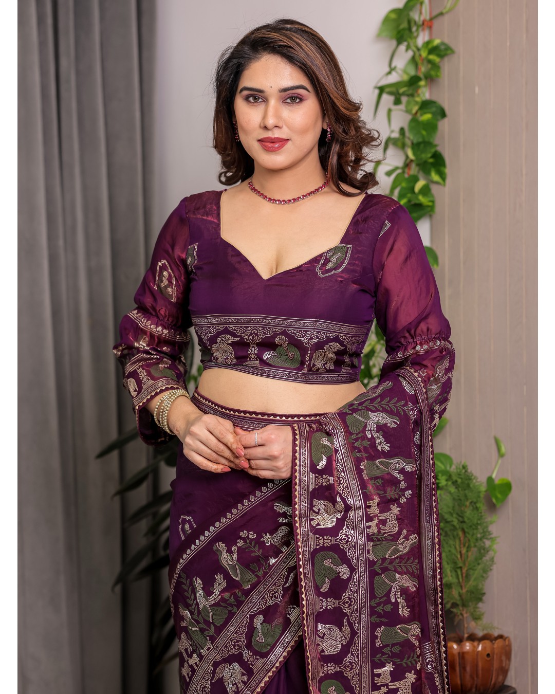 Fendy Satin Foil & Handblock Printed Saree with Triangle Lace Border and Tassels, Traditional Butti Motifs, 5.5m with 0.8m BP  (Pack of 1)