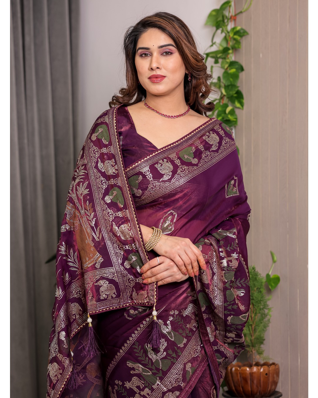 Fendy Satin Foil & Handblock Printed Saree with Triangle Lace Border and Tassels, Traditional Butti Motifs, 5.5m with 0.8m BP  (Pack of 1)