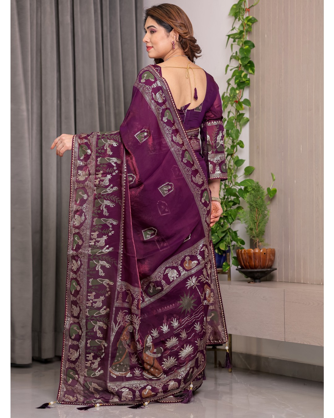 Fendy Satin Foil & Handblock Printed Saree with Triangle Lace Border and Tassels, Traditional Butti Motifs, 5.5m with 0.8m BP  (Pack of 1)