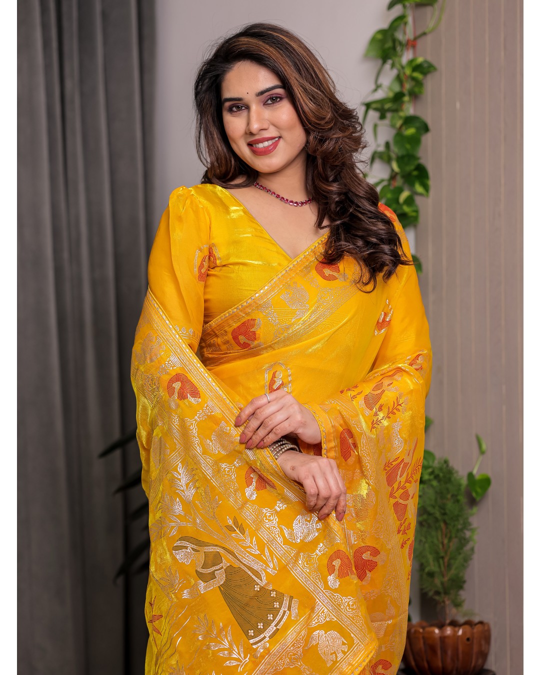 Fendy Satin Foil & Handblock Printed Saree with Triangle Lace Border and Tassels, Traditional Butti Motifs, 5.5m with 0.8m BP  (Pack of 1)