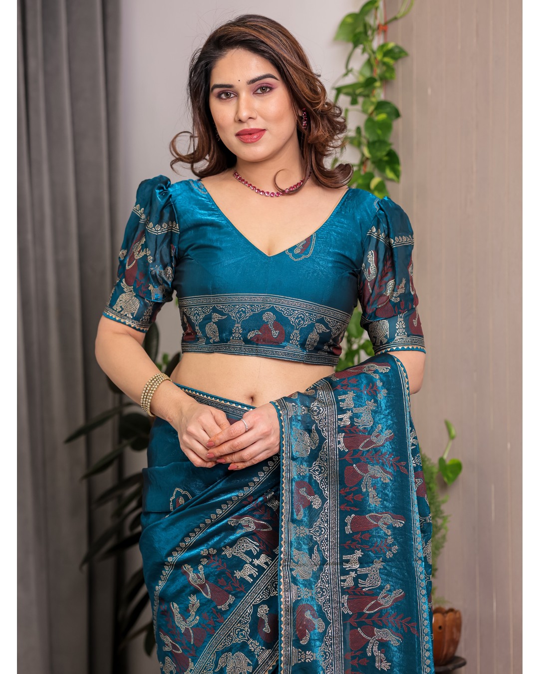 Fendy Satin Foil & Handblock Printed Saree with Triangle Lace Border and Tassels, Traditional Butti Motifs, 5.5m with 0.8m BP  (Pack of 1)