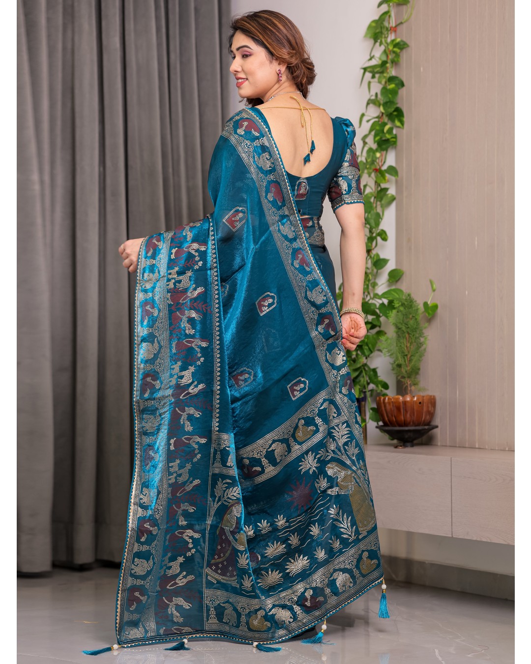 Fendy Satin Foil & Handblock Printed Saree with Triangle Lace Border and Tassels, Traditional Butti Motifs, 5.5m with 0.8m BP  (Pack of 1)