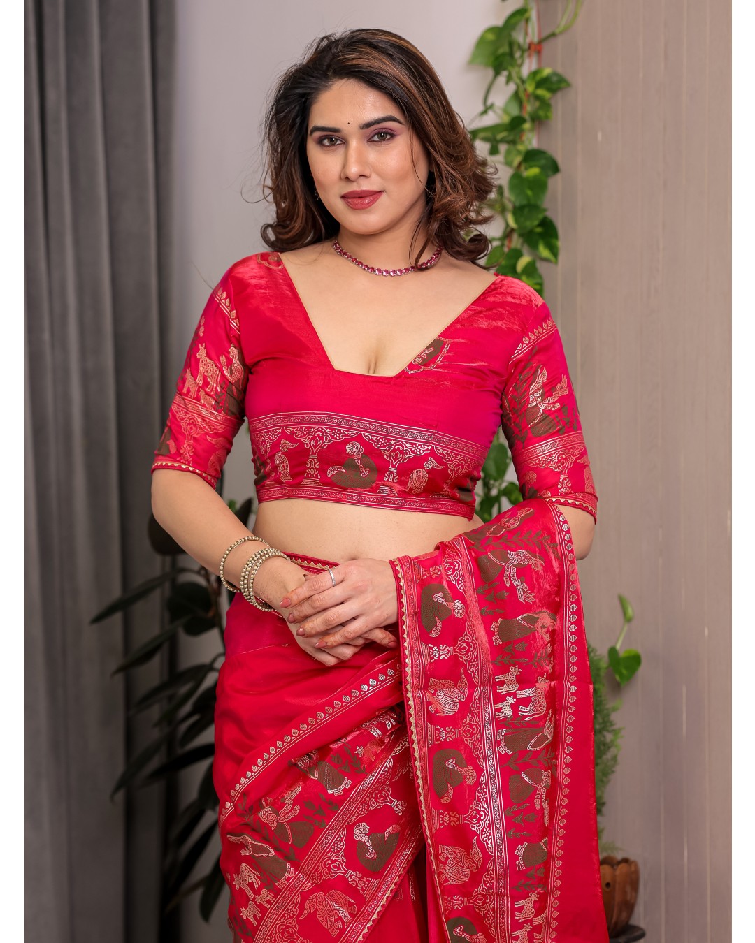 Fendy Satin Foil & Handblock Printed Saree with Triangle Lace Border and Tassels, Traditional Butti Motifs, 5.5m with 0.8m BP  (Pack of 1)